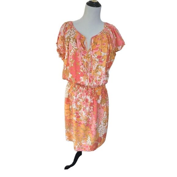 Talbots Dress Orange Pink Floral Print Cap Sleeve Cinched Waist Silk Size L - Picture 1 of 8
